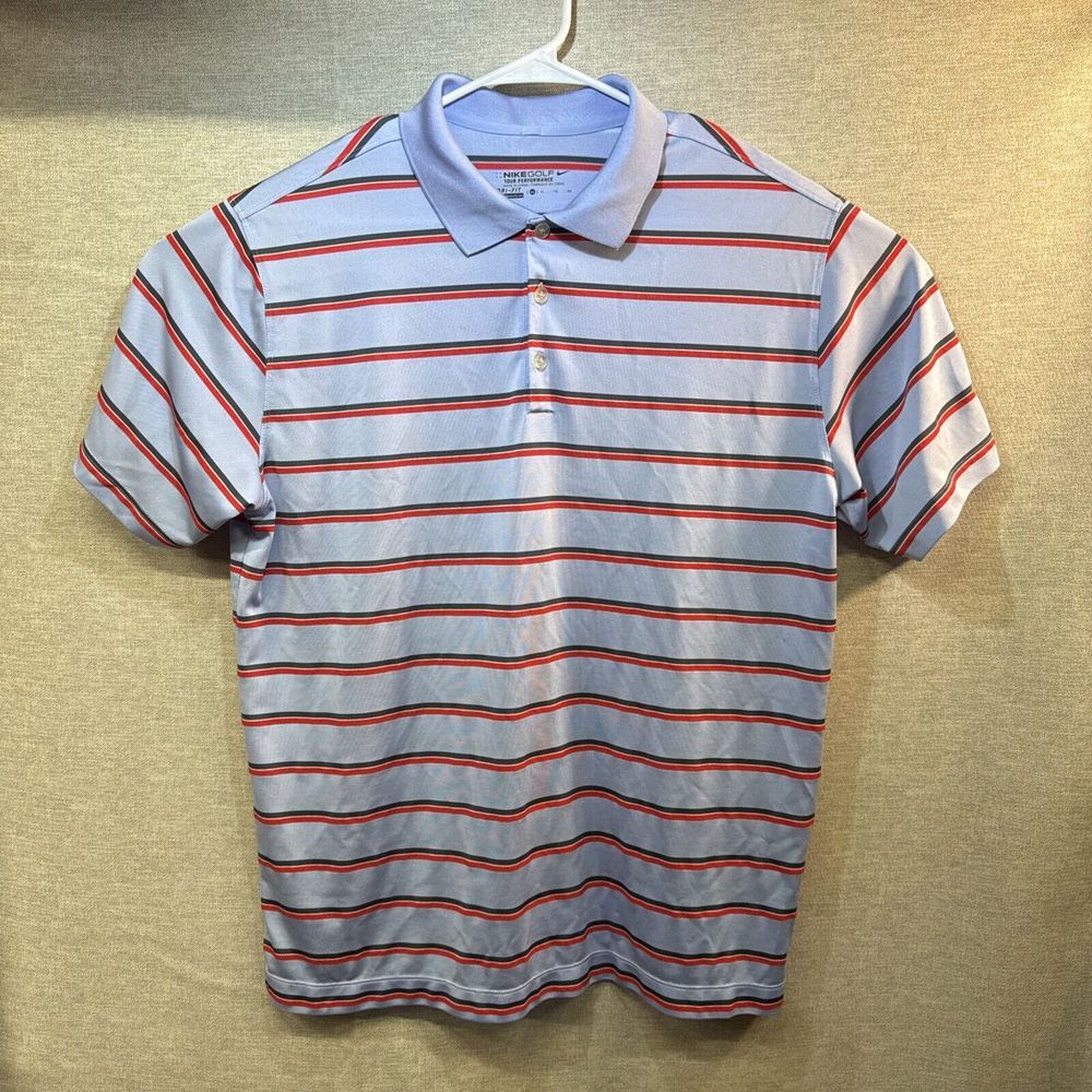Nike Golf White Polo Style Shirt w/ Orange‎ & Blue Stripes Men's XL Tour Perf